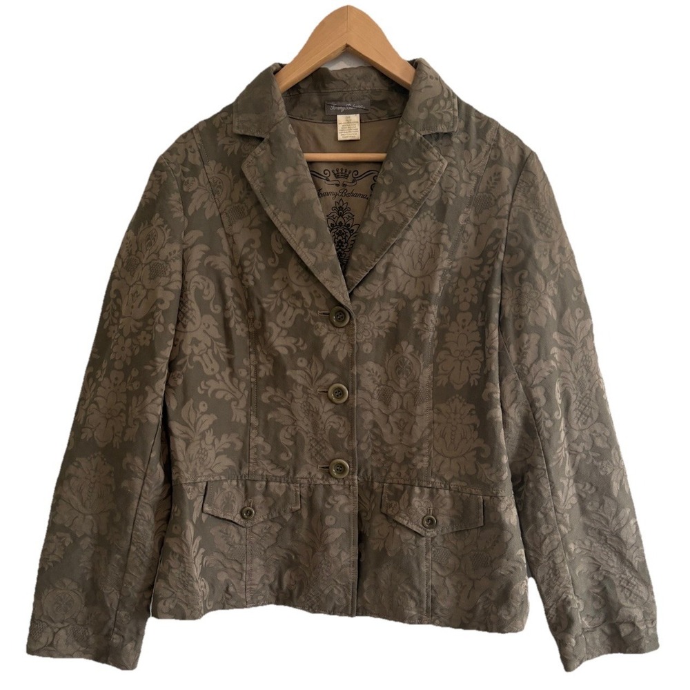 Vtg Tommy Bahama Womens Silk Cotton Floral Damask Blazer Jacket Moss Green Retro